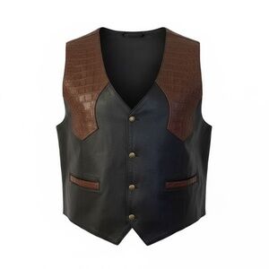 NWOT‎ Men's Textured Croc's Embossed Leather Motorcycle Vest,Black / Brown XL